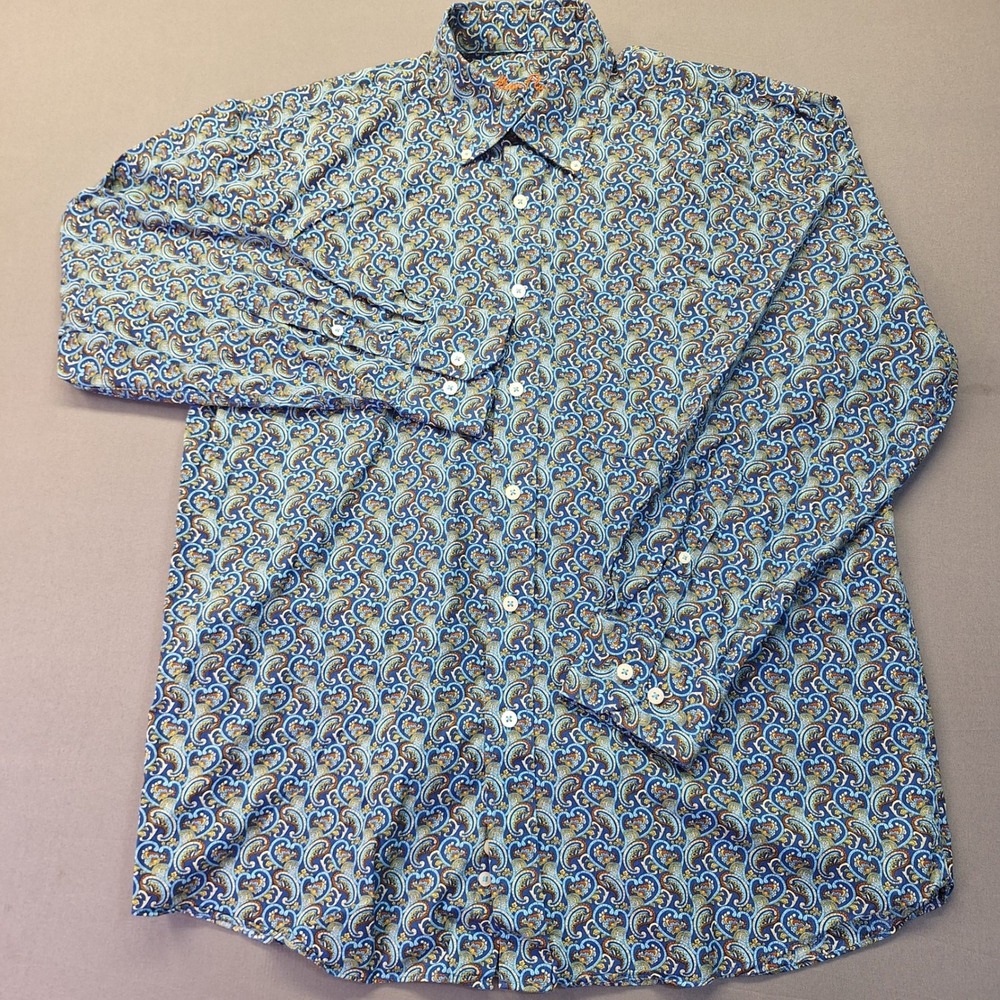 Alan Flusser Mens Blue Paisley Cotton Button Down Long‎ Sleeve Shirt Size Medium